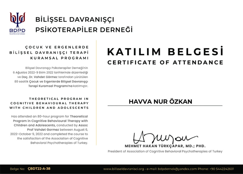 Çocuk ve Ergenlerde Bilişsel Davranışçı Terapi Kuramsal Programı Sertifikası